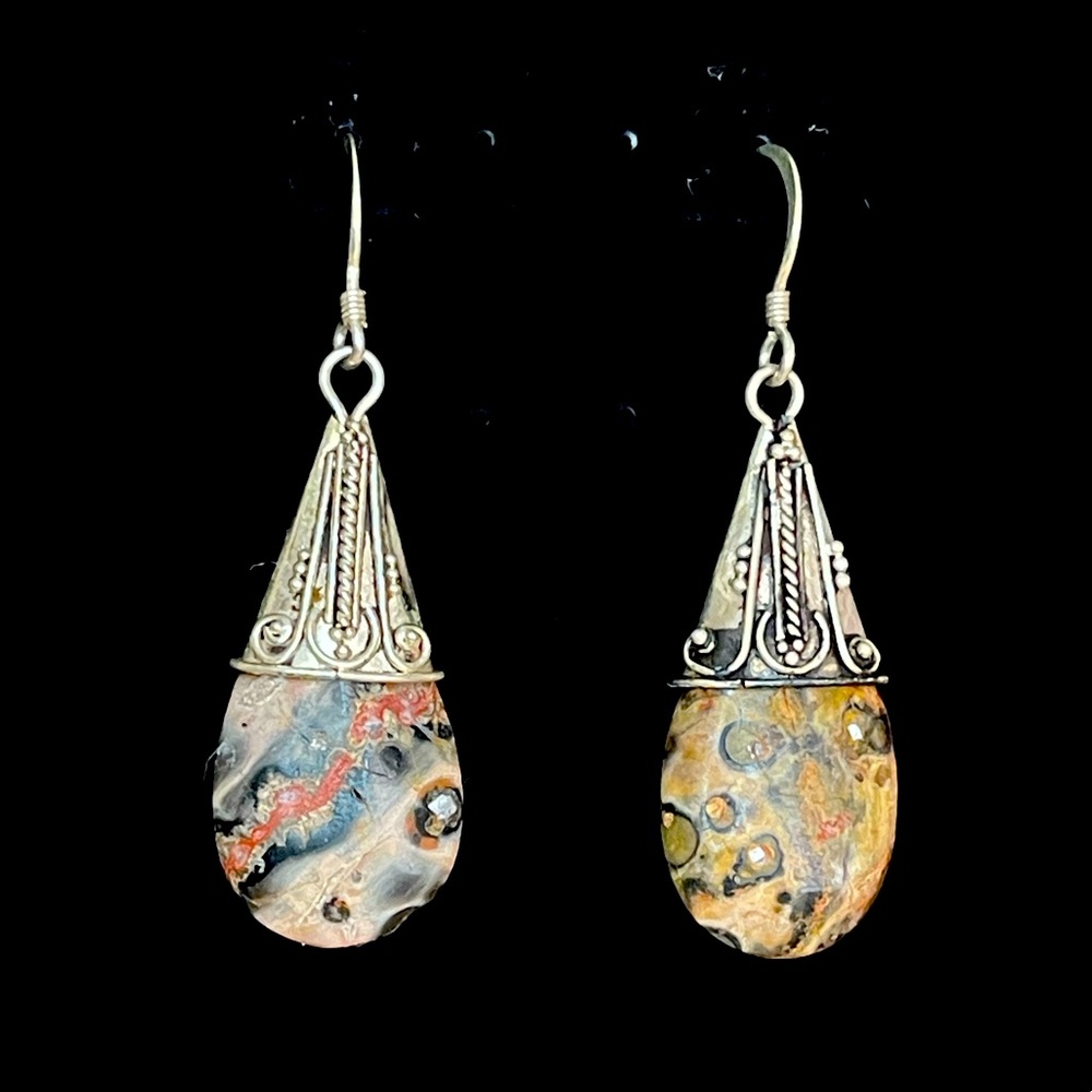 Vintage Polished Stone & Sterling Silver Tear Drop Dangle Earrings